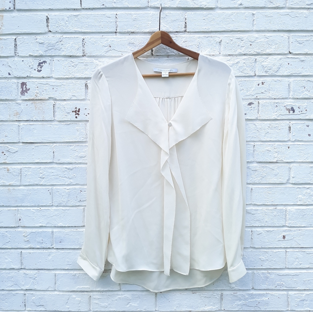 Diane Von Furstenberg Ivory Silk Faux Ruffle Neck Blouse Cream, Sz.10